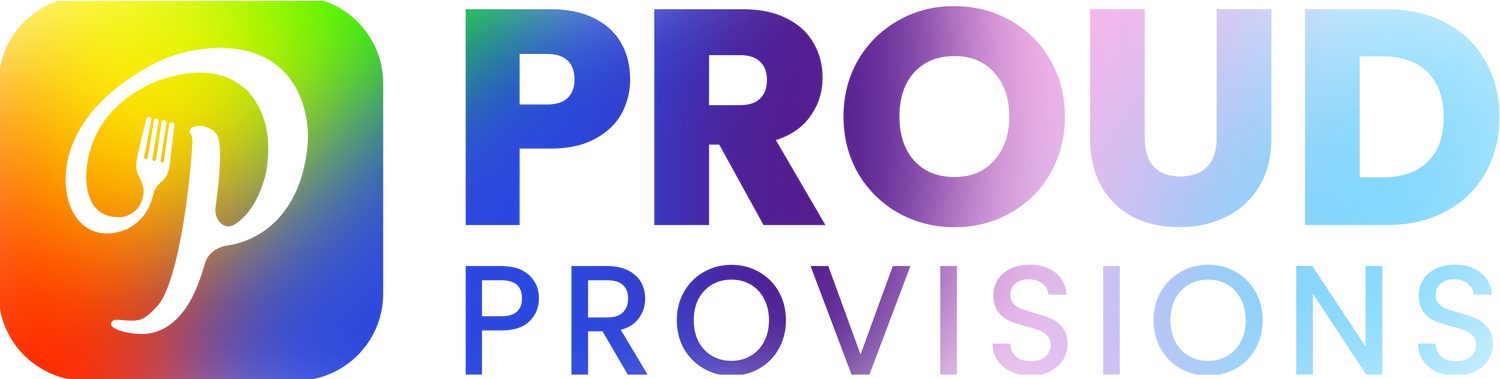 Gradient mesh logo with a rounded square icon featuring a stylized 'P' with fork and knife, next to bold, stacked text reading 'Proud Provisions' in all caps.