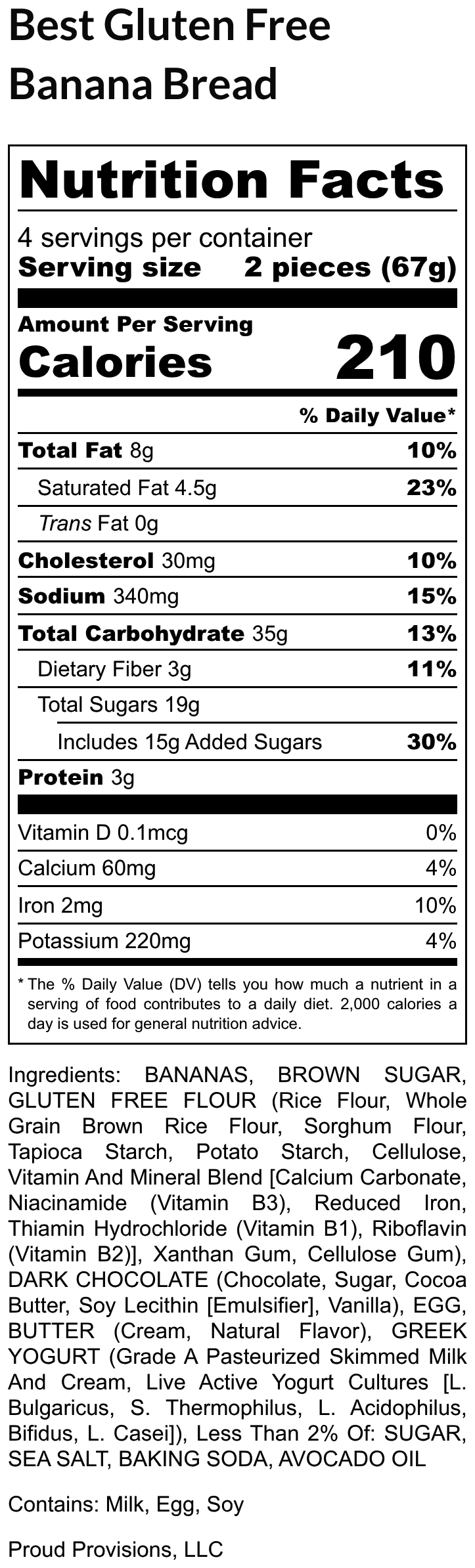 Nutrition facts label for "The Best Gluten Free Banana Bread" with serving size, calories, and nutritional content.